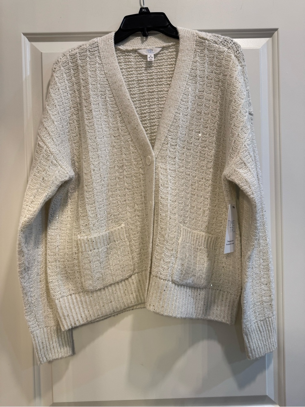 Time and Tru Cream Knit V-Neck Button Cardigan